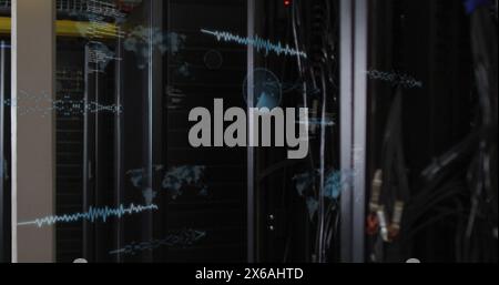 Image of data processing over globe on black background Stock Photo