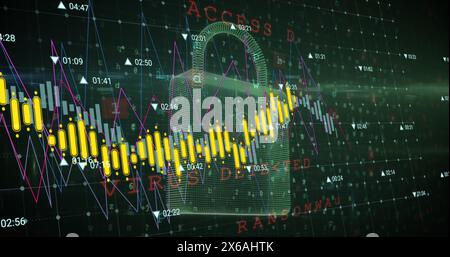 Image of data processing over security padlock icon against green background Stock Photo