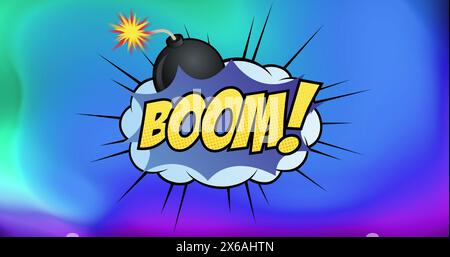 Image of boom text on retro speech bubble and patterned background Stock Photo
