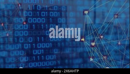 Image of two globes of digital icons and binary coding data processing against blue background Stock Photo