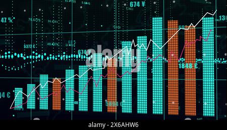 Image of statistical and financial data processing against black background Stock Photo