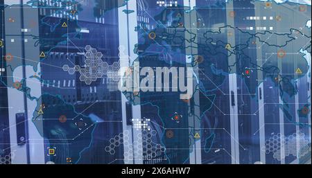 Image of world map with data processing over server room Stock Photo