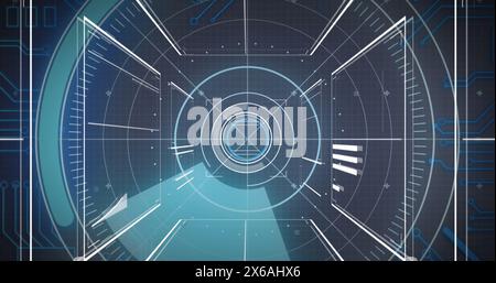 Image of round scanner over interface with data processing against blue background Stock Photo