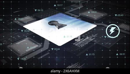 Image of digital icons and data processing over security padlock icon against grey background Stock Photo