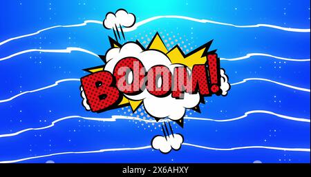 Image of boom text on retro speech bubble and patterned background Stock Photo