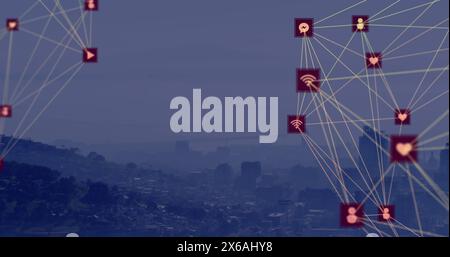 Image of two globes of digital icons and dots pattern against aerial view of cityscape Stock Photo