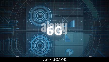 Image of 6g text and data processing over computer circuit board Stock Photo