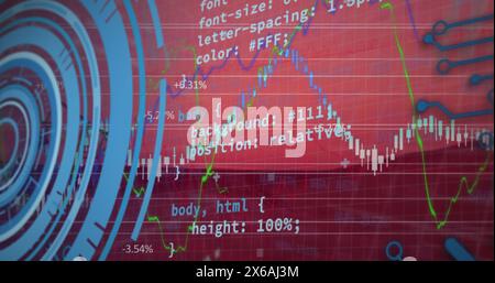 Image of round scanner and financial data processing against red background Stock Photo