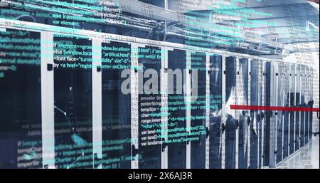 Image of data processing and plexus networks against computer server room Stock Photo