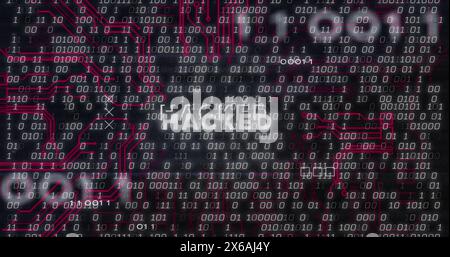 Image of hacked text, binary coding and data processing over dark background Stock Photo