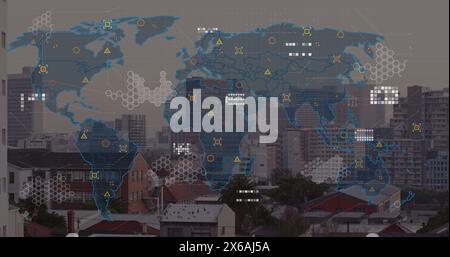 Digital map overlaying cityscape, showing various data points Stock Photo