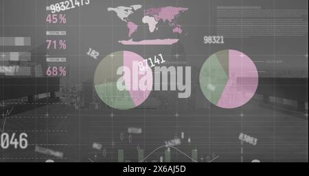 Image of changing numbers and statistical data processing against aerial view of cityscape Stock Photo