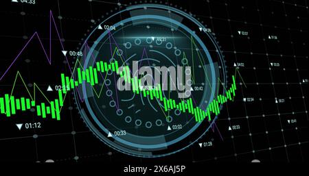 Image of data processing against cyber security text banner and biometric fingerprint scanner Stock Photo