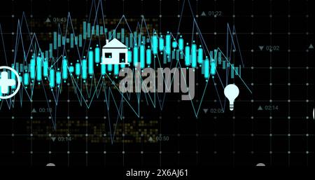 Image of multiple digital icons over grid network against black background Stock Photo