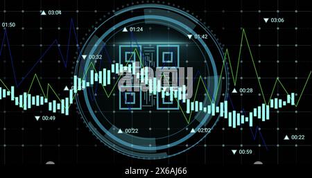 Image of data processing against cyber security text banner and barcode scanner Stock Photo