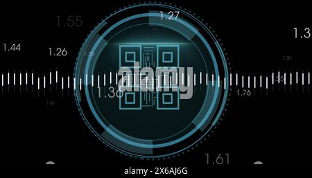 Image of data processing against cyber security text banner and barcode scanner Stock Photo