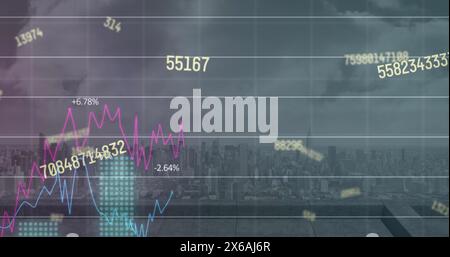 Image of changing numbers and statistical data processing against aerial view of cityscape Stock Photo