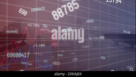 Image of changing numbers and statistical data processing against aerial view of cityscape Stock Photo