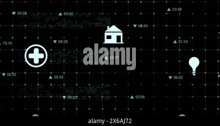 Image of multiple digital icons over grid network against black background Stock Photo