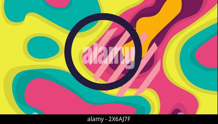 Image of black and pink circles over neon retro pattern Stock Photo