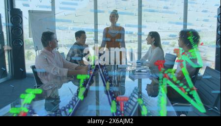 Image of network of connections over business people wearing headsets Stock Photo