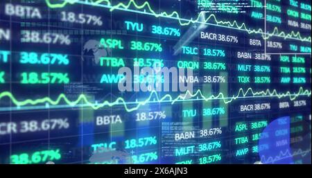 Image of trading board and binary codes over graphs, globe and computer language in background Stock Photo