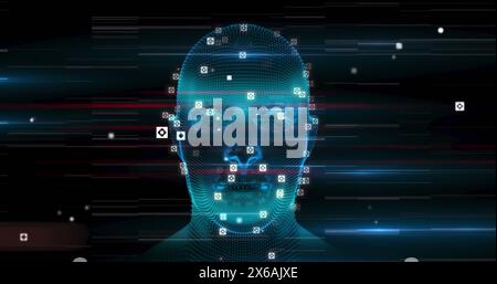 Man with glowing facial recognition markers and surrounding tech elements Stock Photo
