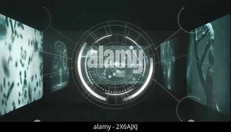 Image of round scanner spinning against screens with medical data processing on black background Stock Photo