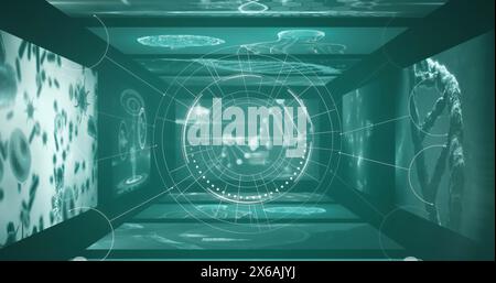 Image of round scanner spinning against screens with medical data processing on green background Stock Photo