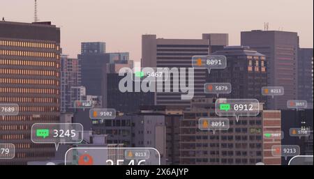 Image of social media icons and data processing over cityscape Stock Photo