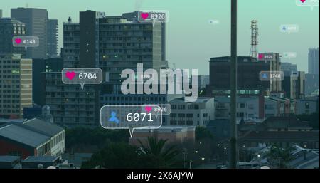 Image of social media icons and data processing over cityscape Stock Photo