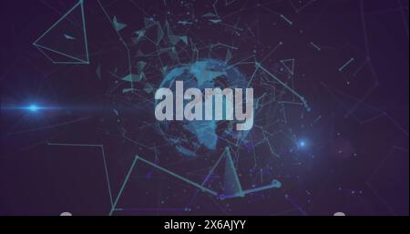 Image of plexus networks floating over spinning globe and light spot against blue background Stock Photo