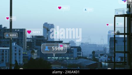 Image of social media icons and data processing over cityscape Stock Photo