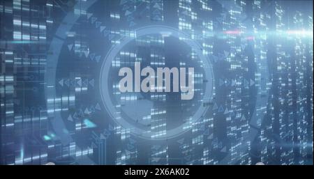 Image of processing circle and lights over navy background Stock Photo