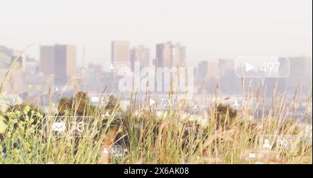 Image of social media icons and data processing over cityscape Stock Photo