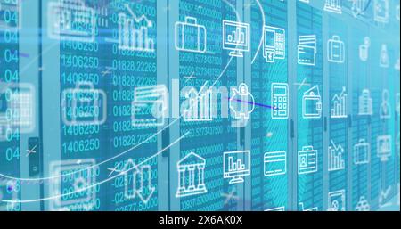 Image of multiple icons over changing numbers and circles over server racks in server room Stock Photo