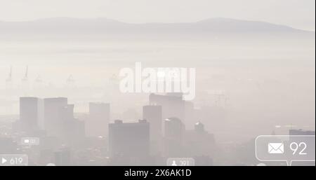 Image of social media icons and data processing over cityscape Stock Photo