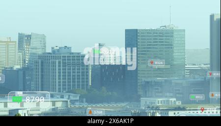 Image of social media icons and data processing over cityscape Stock Photo