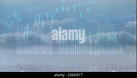 Image of statistical data processing against clouds in the blue sky Stock Photo