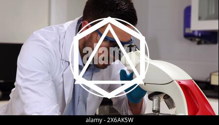 Image of looping geometric shaped, caucasian male scientist looking sample through microscope Stock Photo