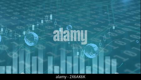 Image of multiple graphs over globes against binary codes on blue background Stock Photo