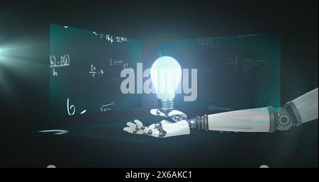 Image of robotic arm with lightbulb over mathematical equations Stock Photo