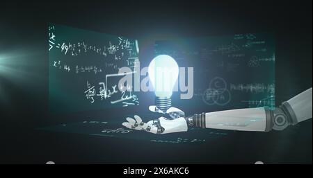 Image of robotic arm with lightbulb over mathematical equations Stock Photo