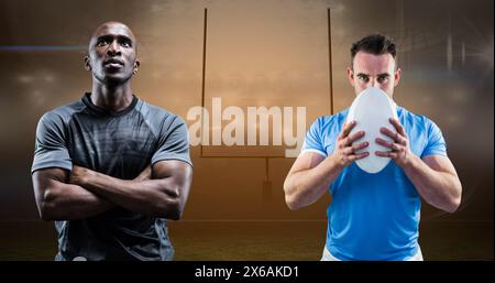 Image of diverse male rugby players with rugby balls with national