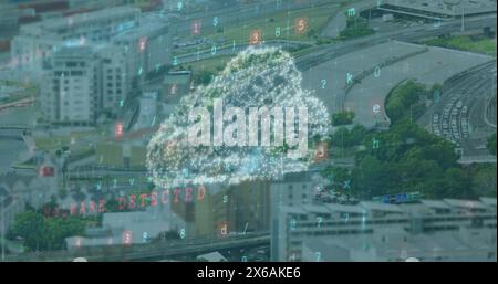 Image of data processing and cloud over cityscape Stock Photo