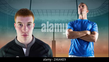 Image of caucasian male rugby players over stadium Stock Photo