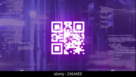 Image of qr code over data processing and server room Stock Photo