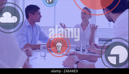 Digital concept of teamwork and partnership, floating profile signs on ...