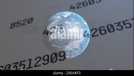 A transparent globe displaying continents, hovering above digits Stock Photo