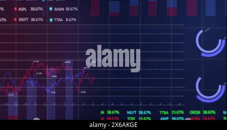 Image of financial data and graphs over navy background Stock Photo